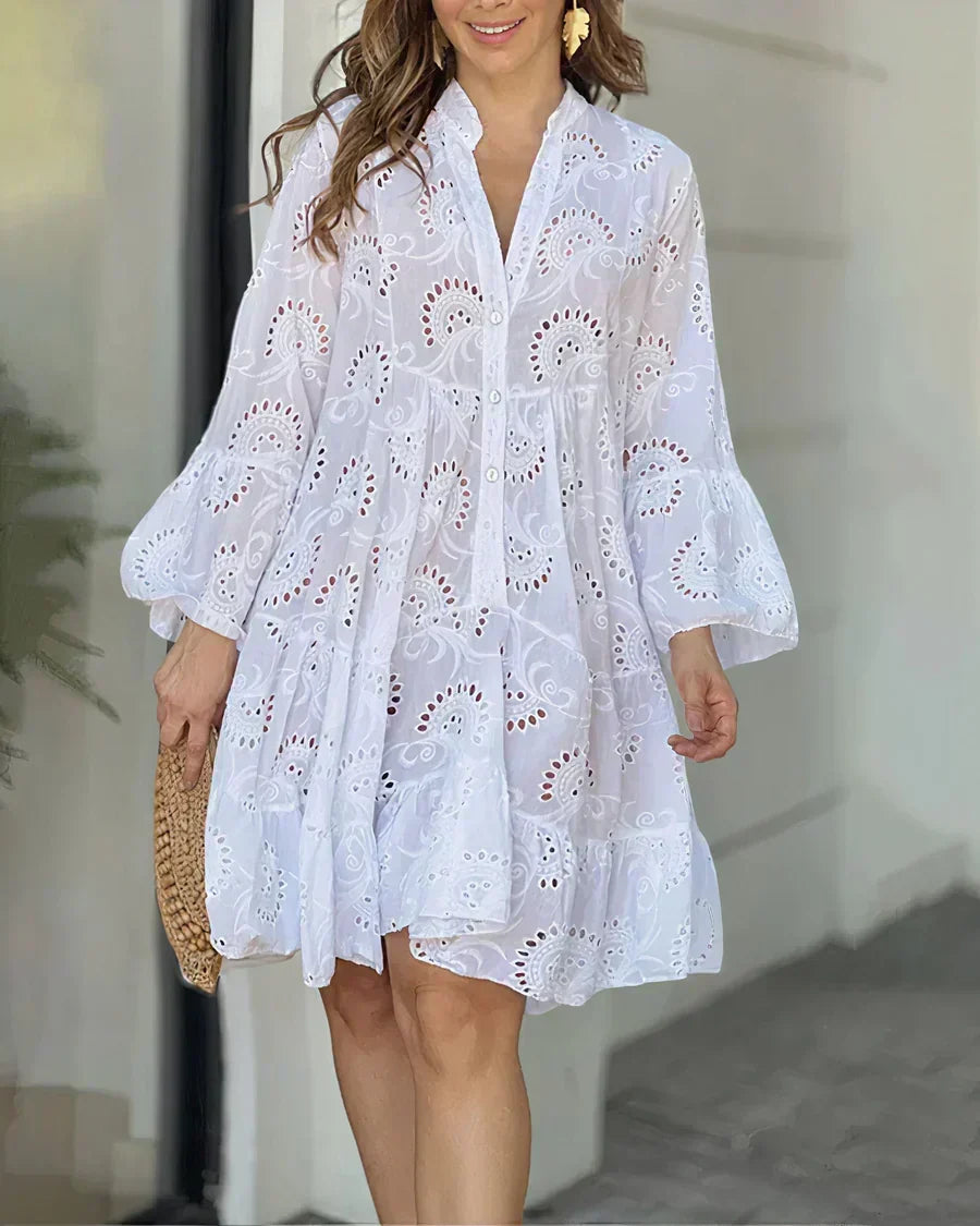 Eyelet Embroidery V-Neck Button Front Tiered Bell Sleeve Mini Dress - View 4