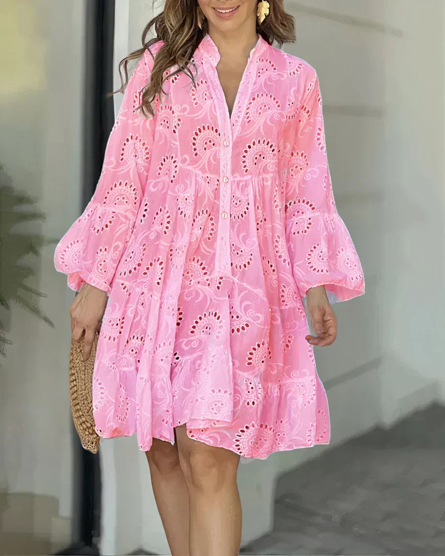 Eyelet Embroidery V-Neck Button Front Tiered Bell Sleeve Mini Dress - View 3