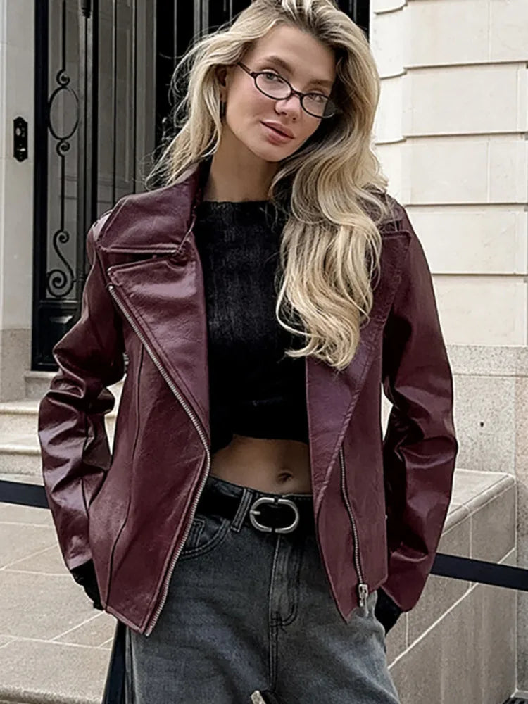 Red Turn-Down Collar Pu Leather Coat Wine / S Coats-241208