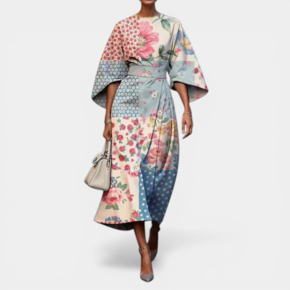 Painterly Floral Kimono Sleeve Belted Wrap Midi Dress 2