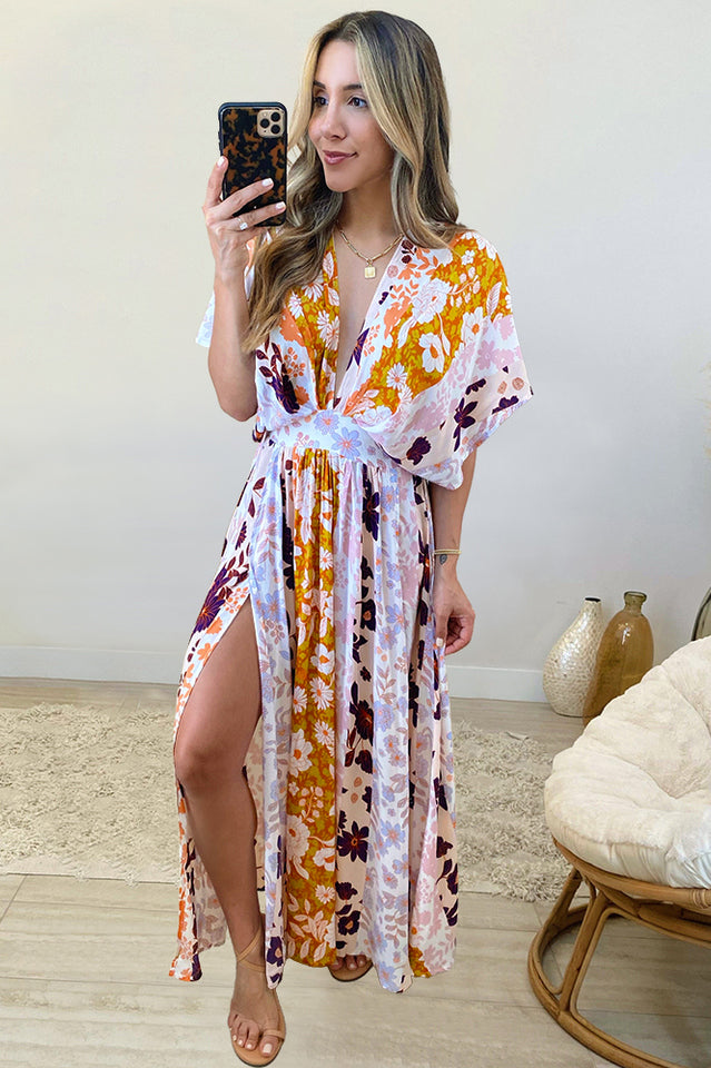 Leopard Print Deep V-Neck Short Sleeve High Split Maxi Dress 9