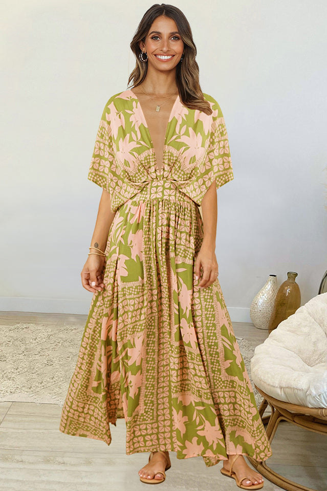 Leopard Print Deep V-Neck Short Sleeve High Split Maxi Dress 5