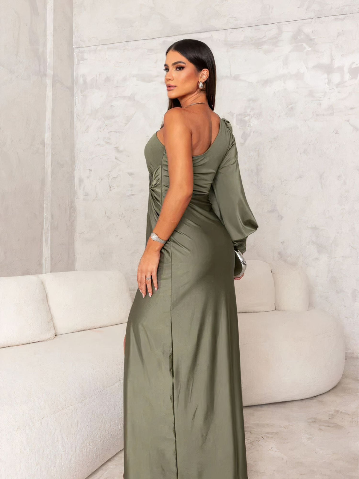 Satin One Shoulder Ruched Drape Panel High Split Maxi Gown - View 2