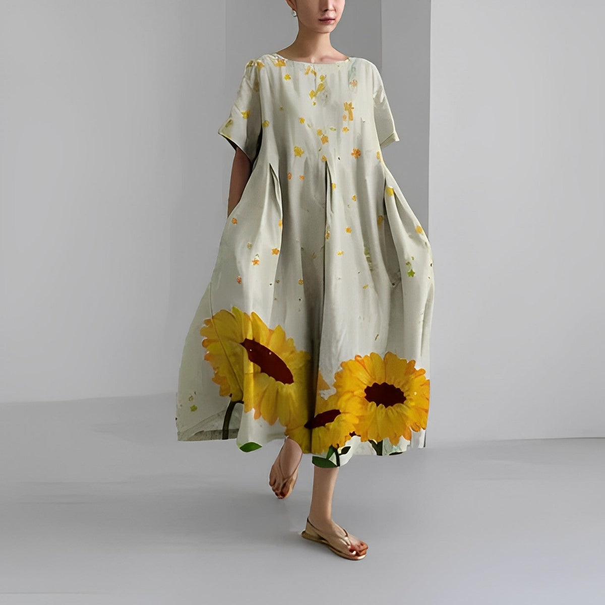 Floral Print Short Sleeve Pocket Pleated Midi Dress 3
