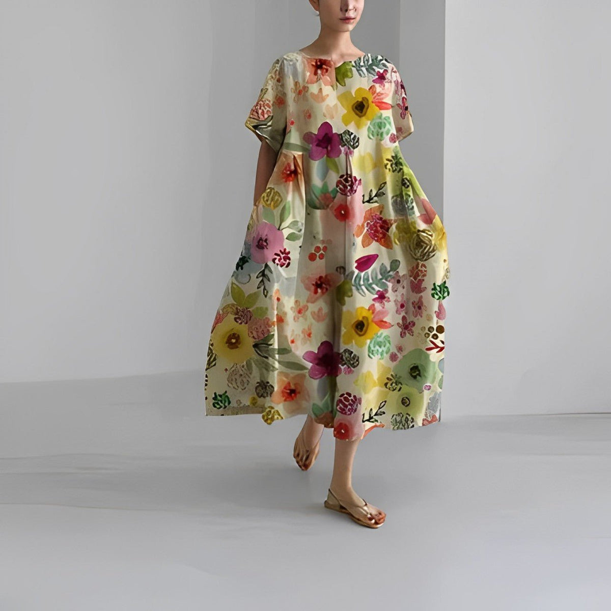 Abstract Floral Round Neck Short Sleeve Pleated Maxi Dress 4