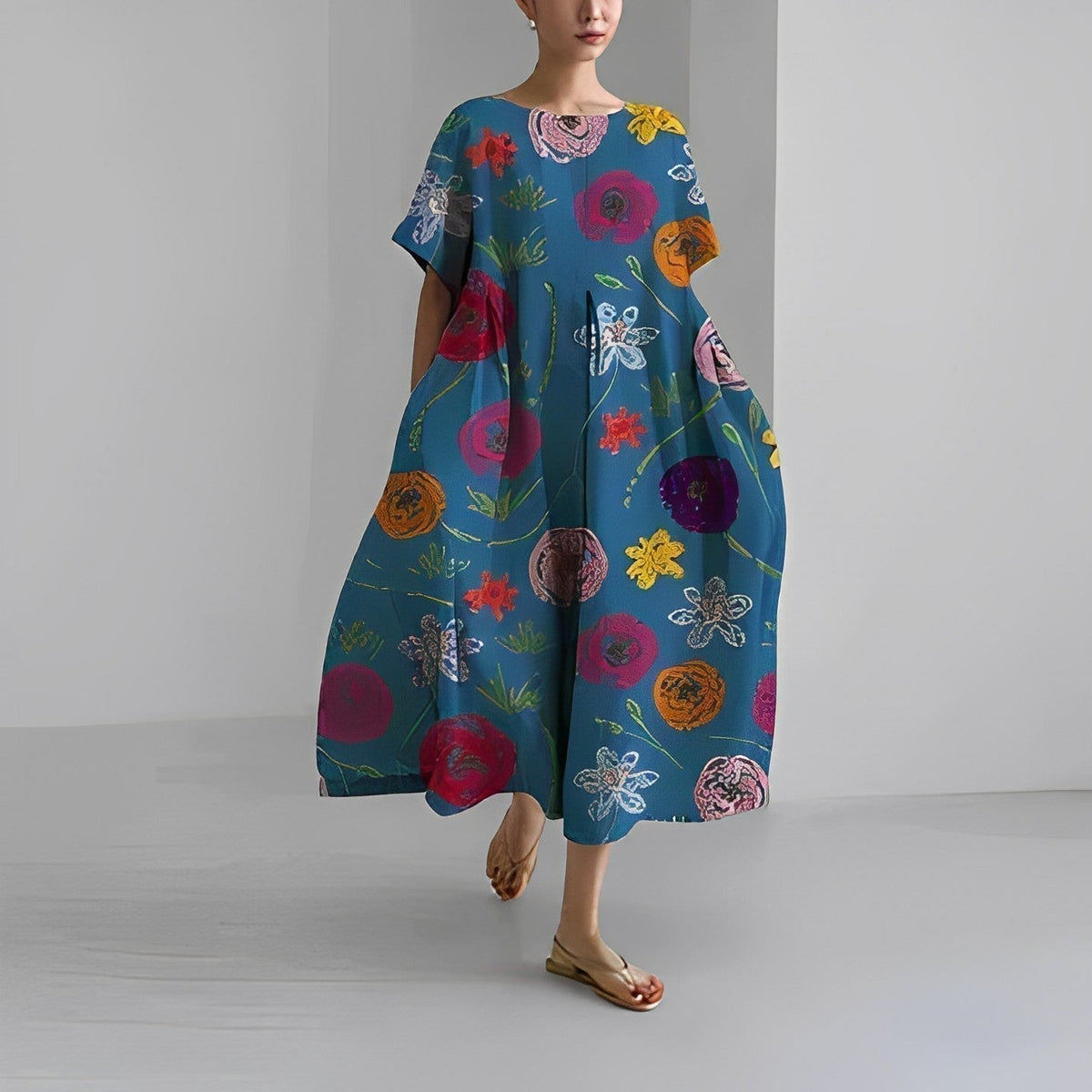 Floral Print Short Sleeve Pocket Pleated Midi Dress 4