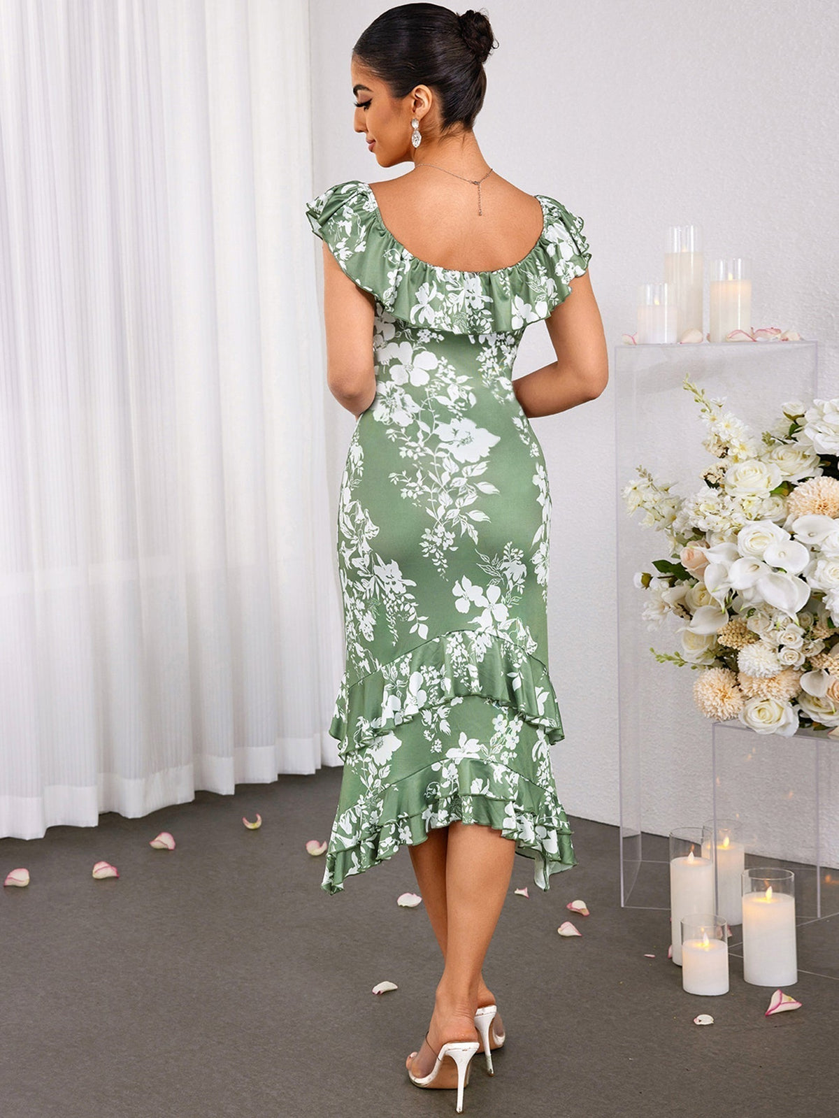 Floral Off Shoulder Ruffle High Low Midi Dress - View 2