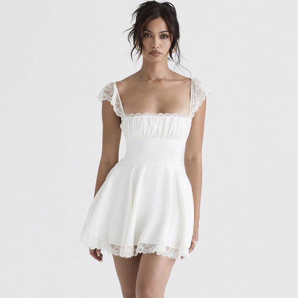Lace Trim Square Neck Ruched Fit and Flare Mini Dress 15