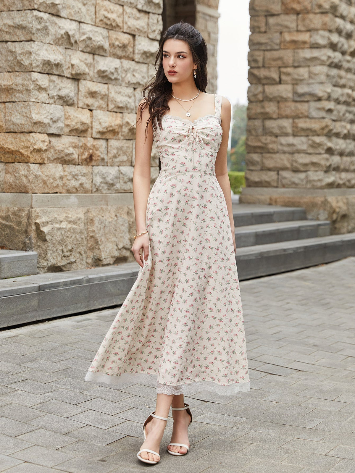 Lace Spliced Tie Front Floral Print Maxi Dress
