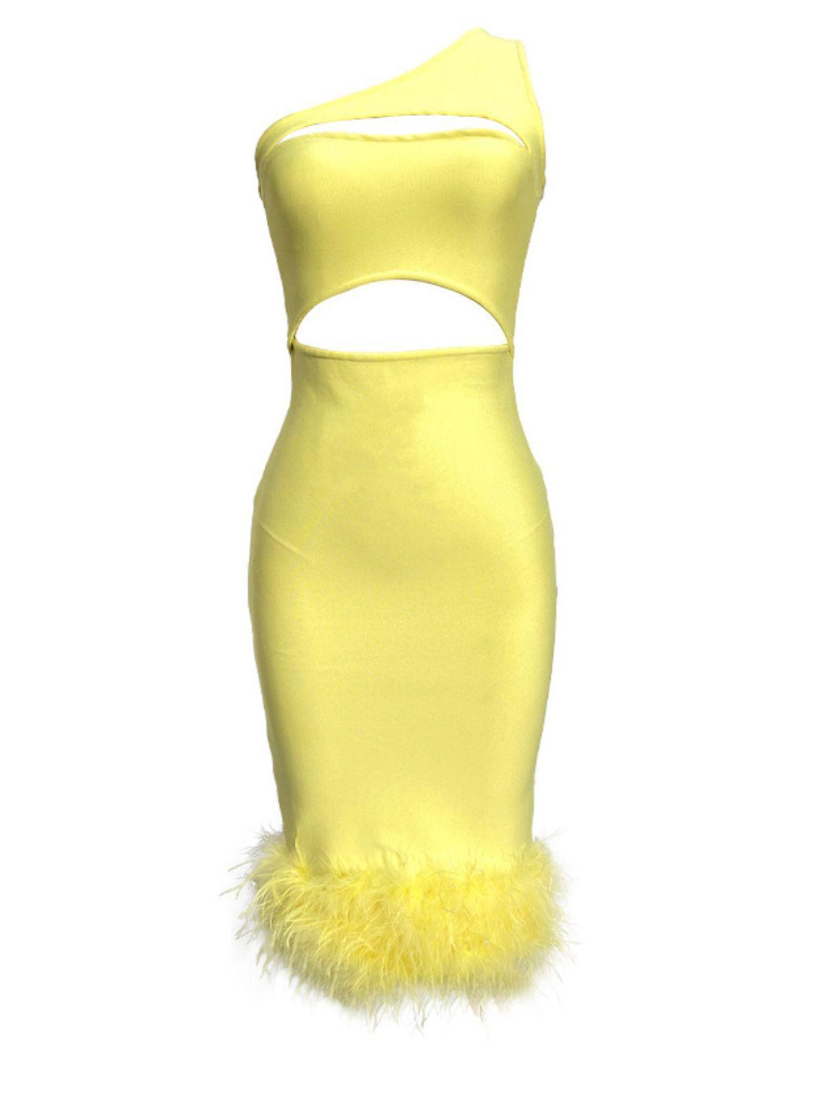 One Shoulder Cut Out Feather Hem Bandage Bodycon Midi Dress - View 6