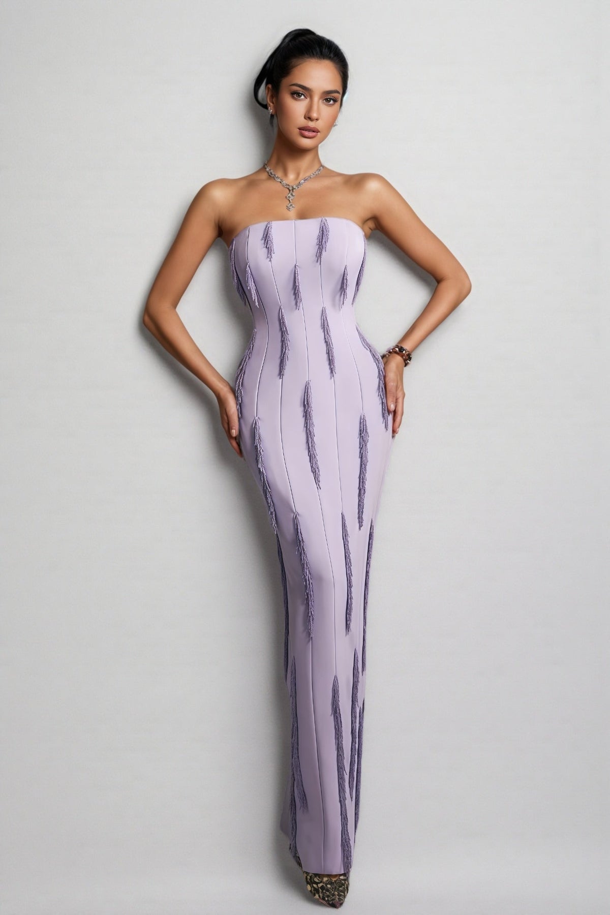 Liorald Strapless Beaded Fringe Maxi Dress