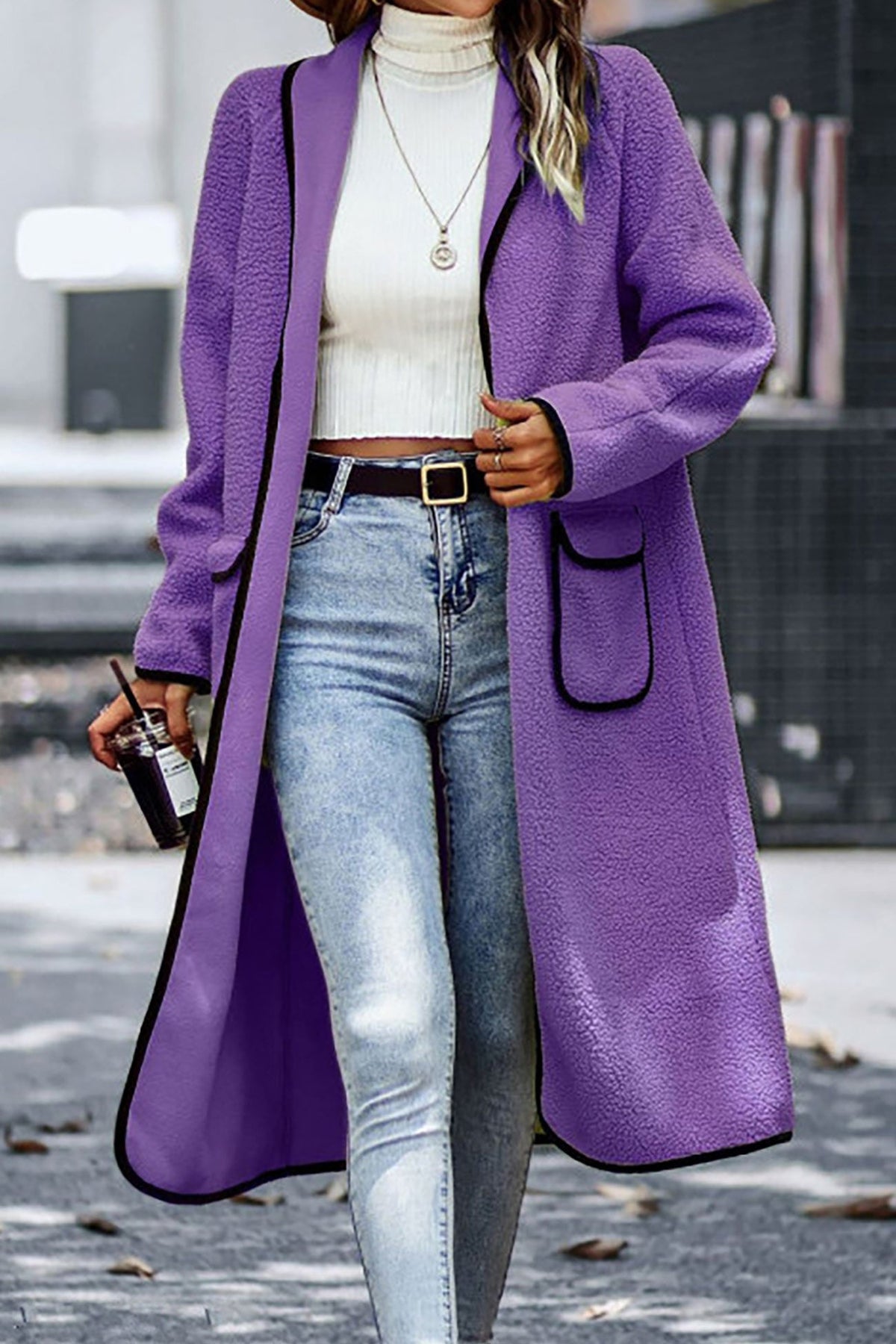 Plush Cardigan With Lapel Pocket Purple / S Cardigans