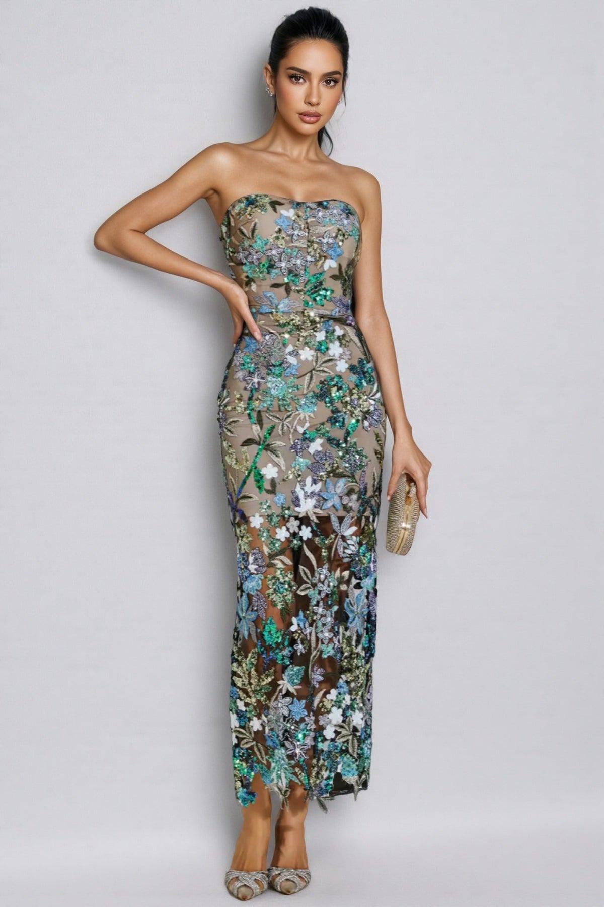 Floral Sequin Strapless Sheer Mesh Bodycon Maxi Dress - View 5