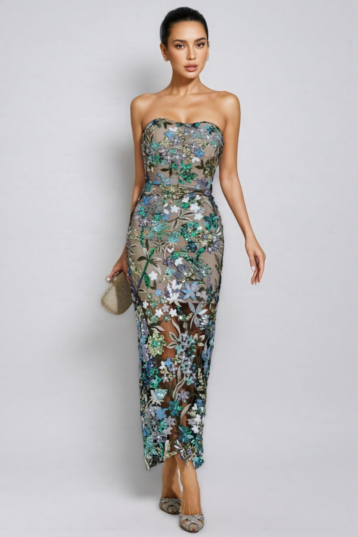 Floral Sequin Strapless Sheer Mesh Bodycon Maxi Dress - View 4