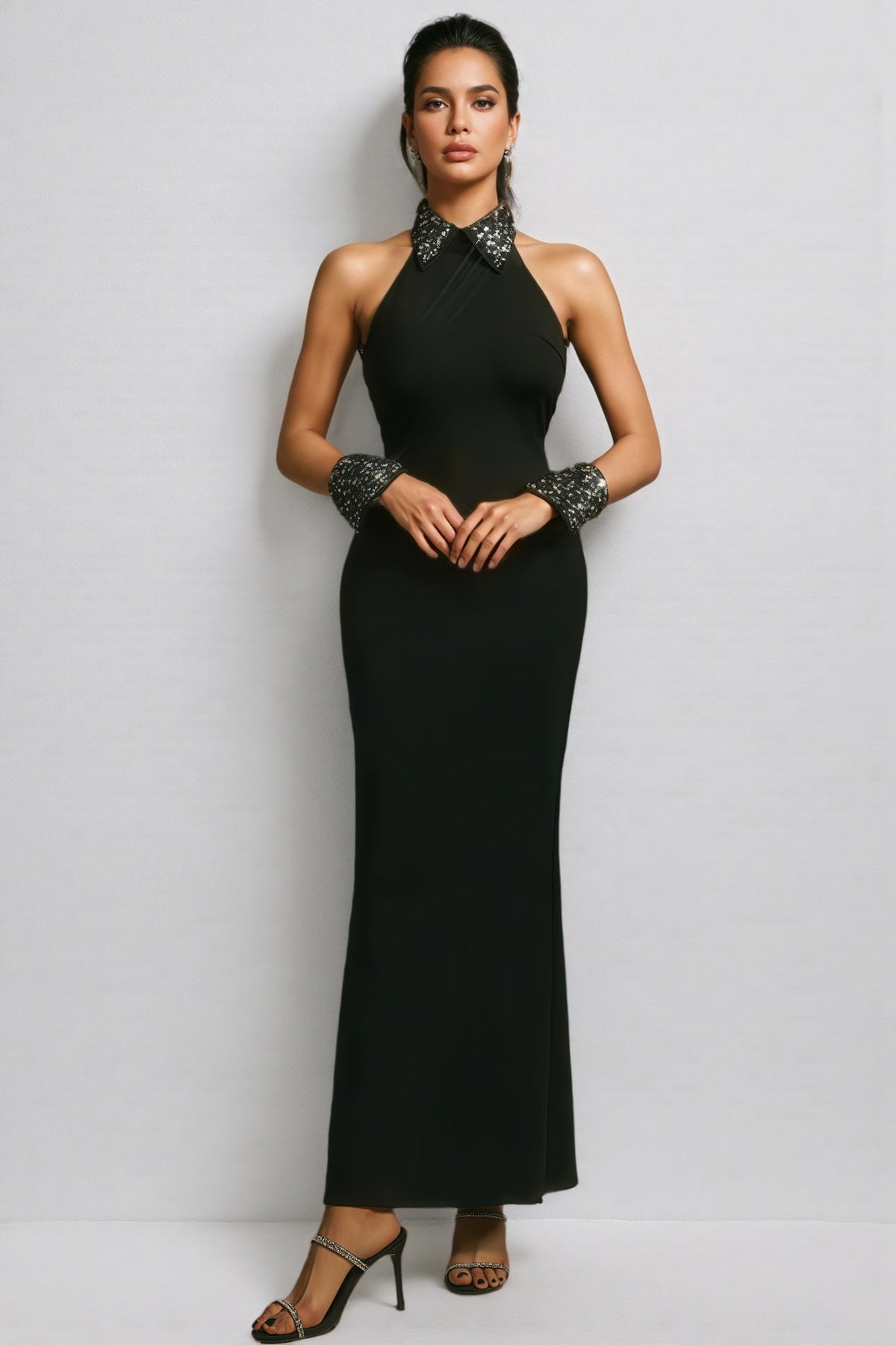 Halter Neck Crystal Beaded Collar Bodycon Maxi Dress