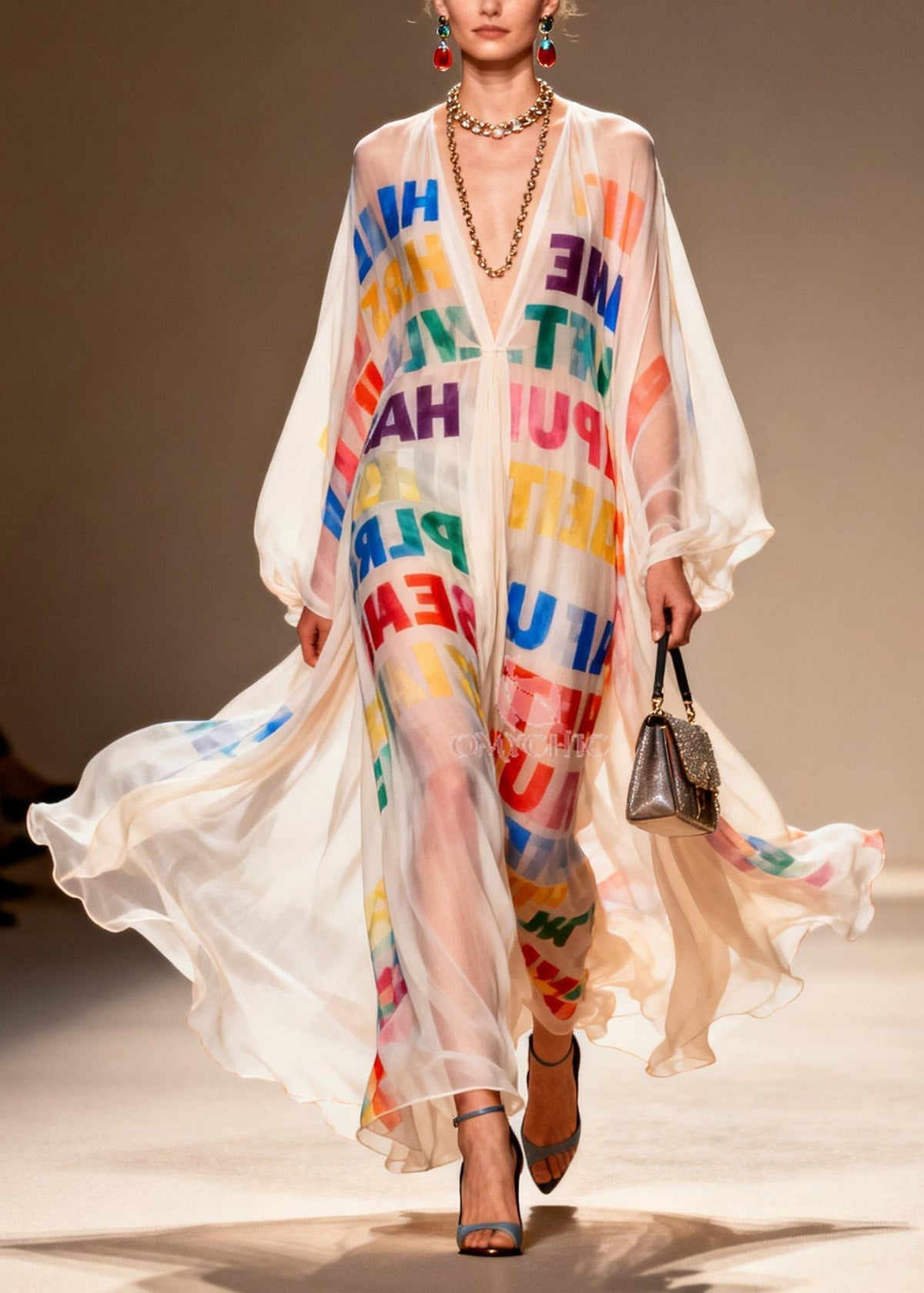 Chiffon Deep V-Neck Letter Print Sheer Balloon Sleeve Maxi Gown - View 3