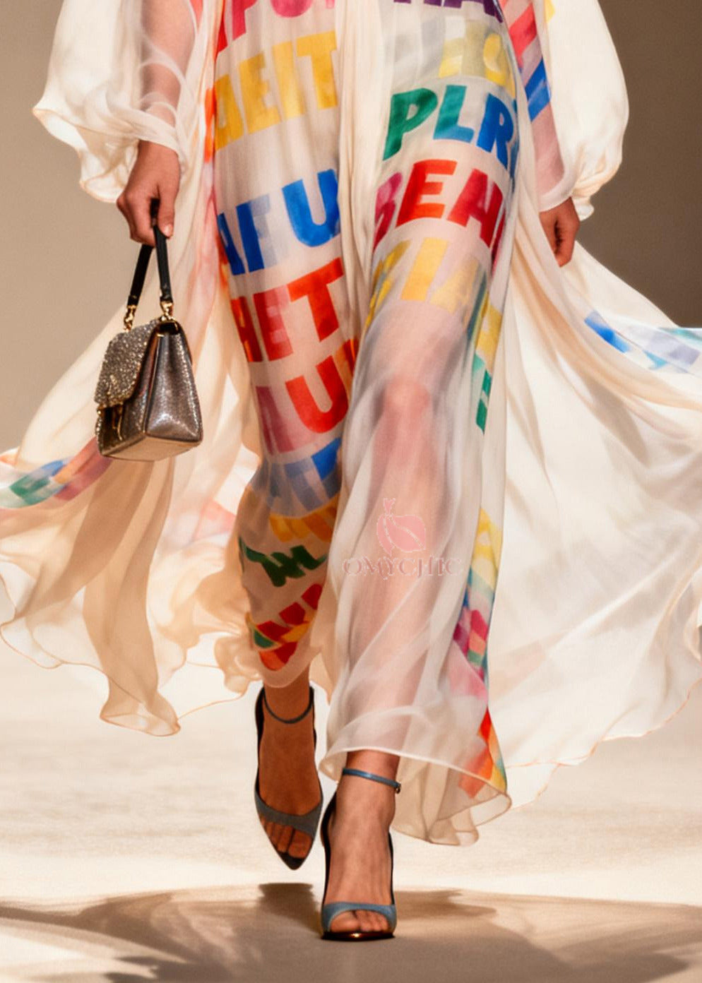 Chiffon Deep V-Neck Letter Print Sheer Balloon Sleeve Maxi Gown - View 4