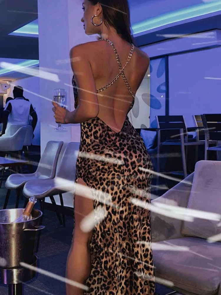 Leopard Cowl Neck Chain Strap High Split Maxi Dress - View 5