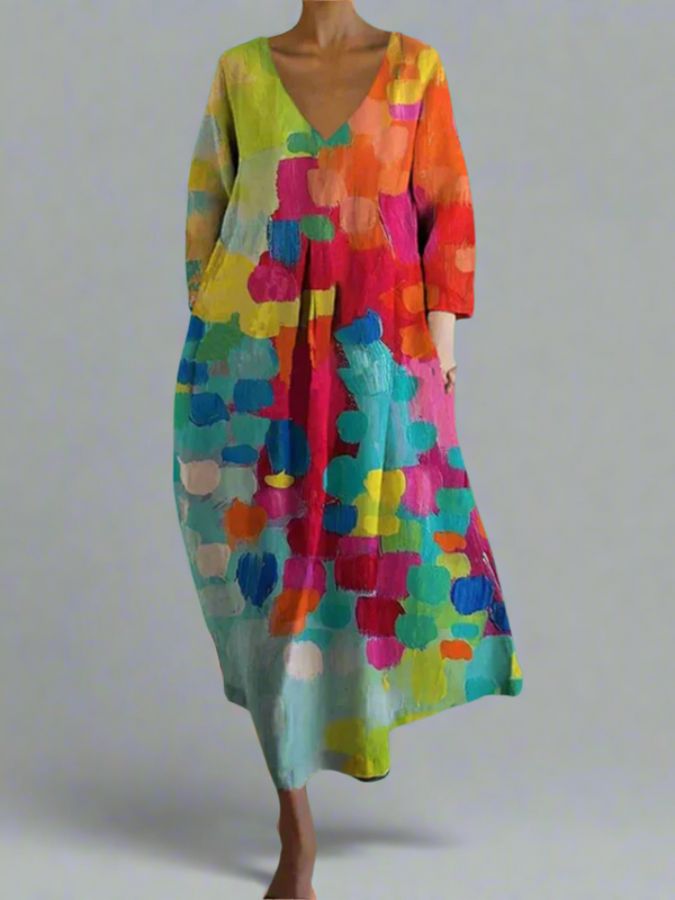 Abstract Print V-Neck Pocket Midi Dress 4