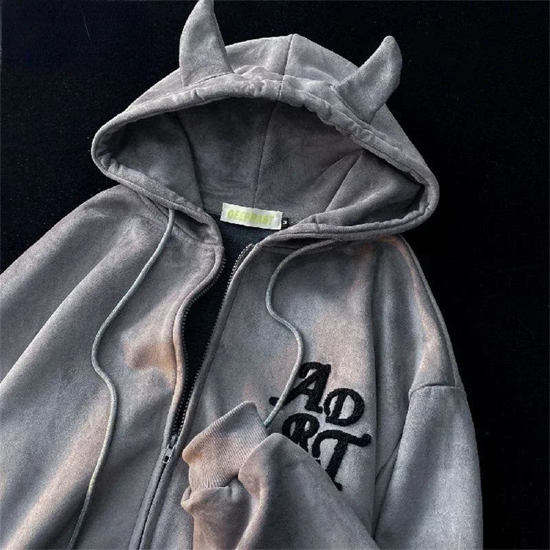 Letter Print Vintage Zipper Hoodie
