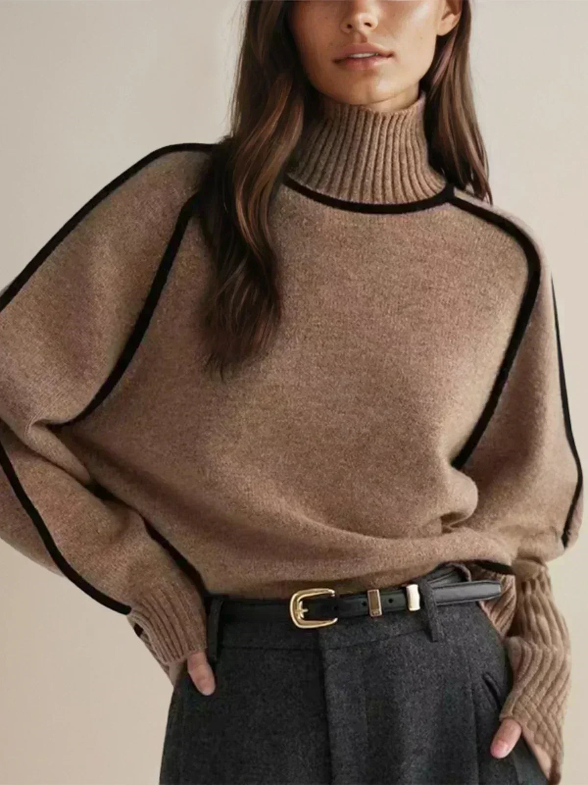 Turtleneck Contrast Piping Long Sleeve Knit Sweater 2