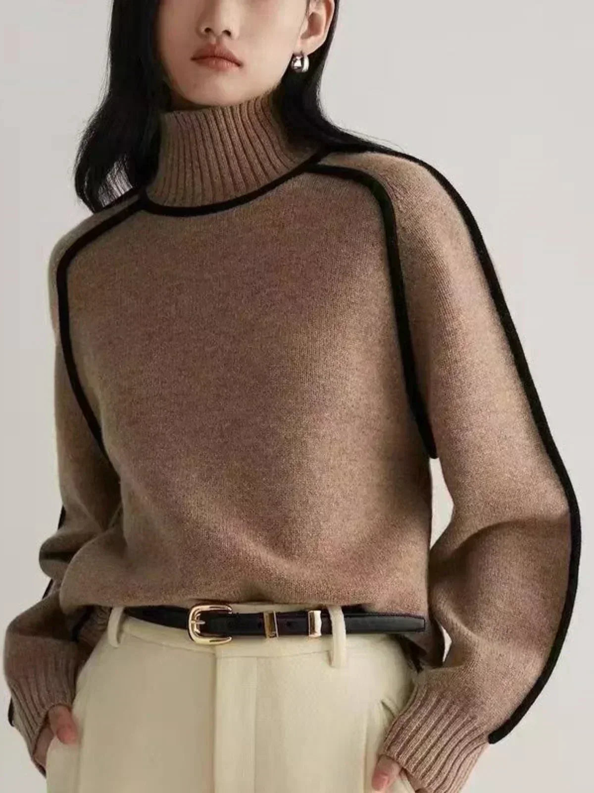 Turtleneck Contrast Piping Long Sleeve Knit Sweater 3