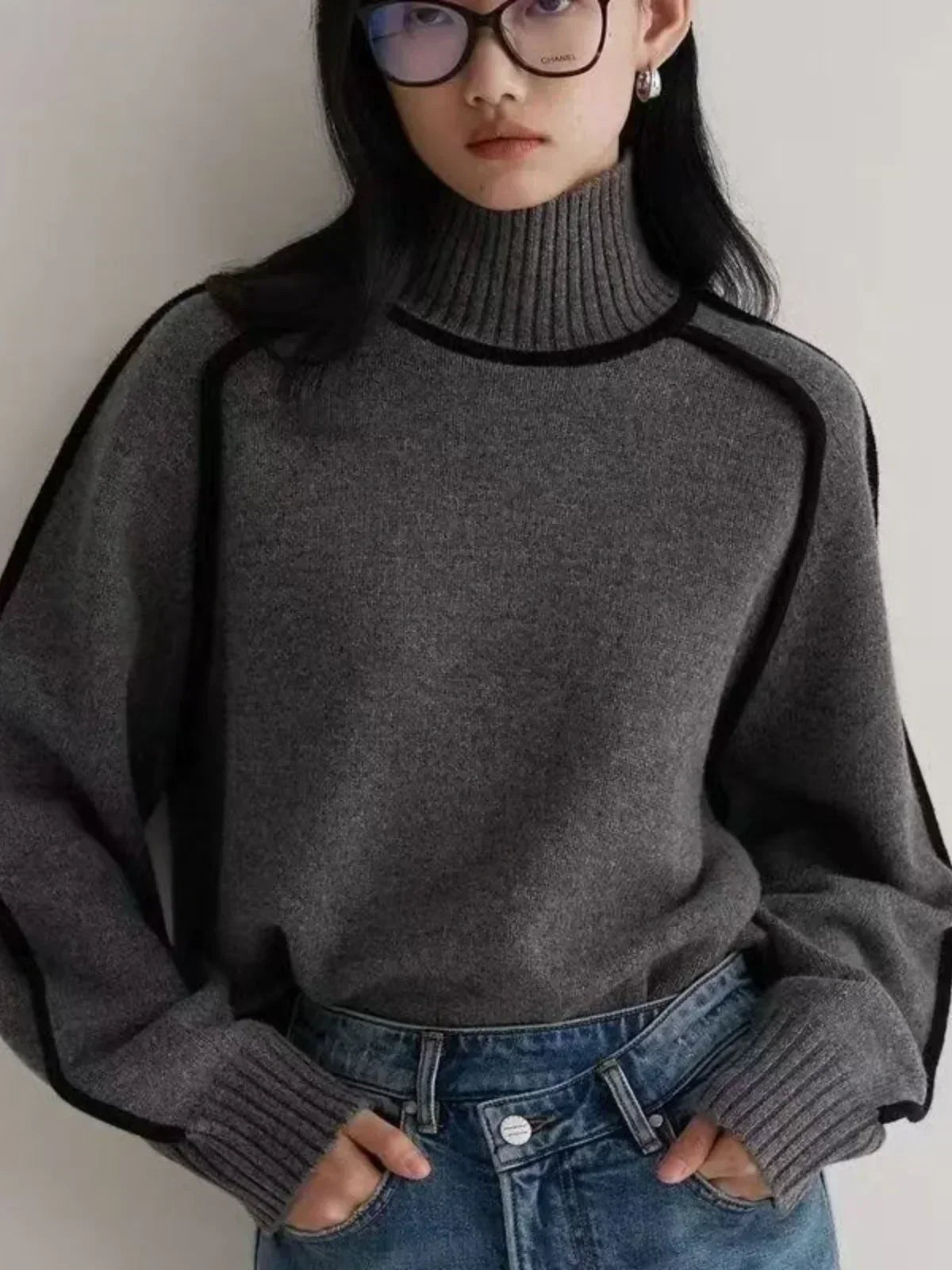 Turtleneck Contrast Piping Long Sleeve Knit Sweater 9