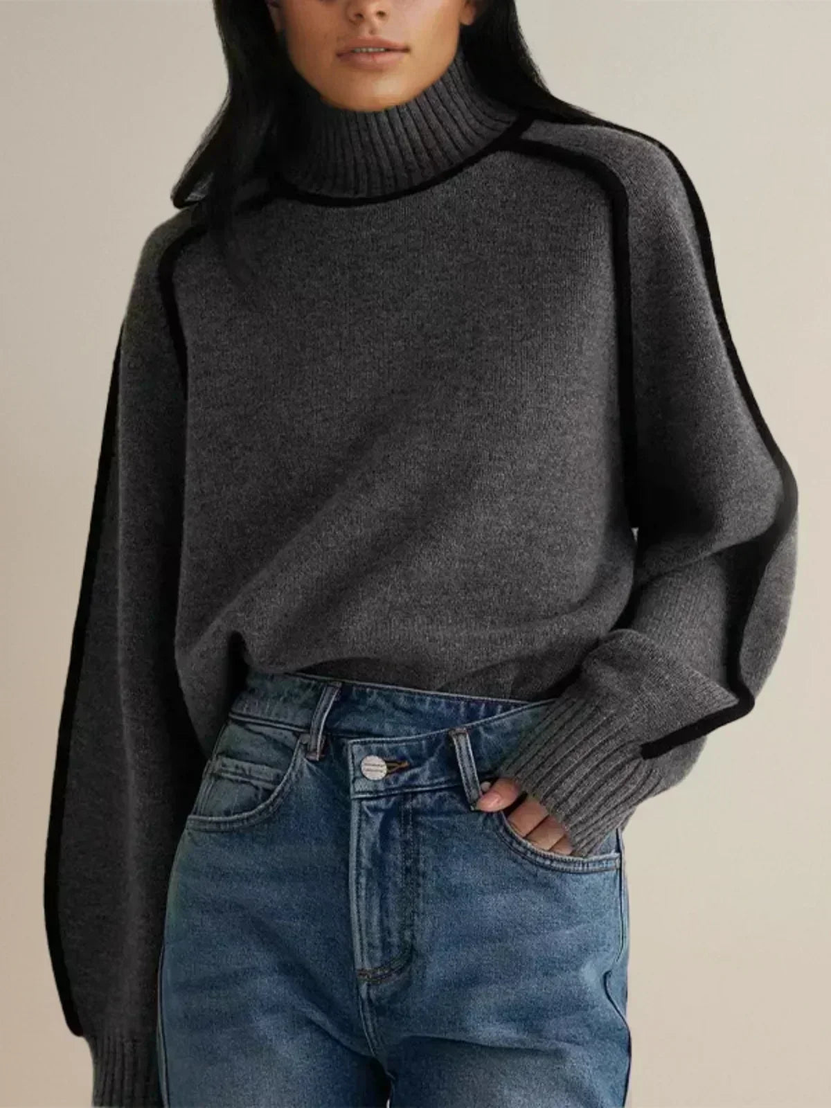 Turtleneck Contrast Piping Long Sleeve Knit Sweater 7