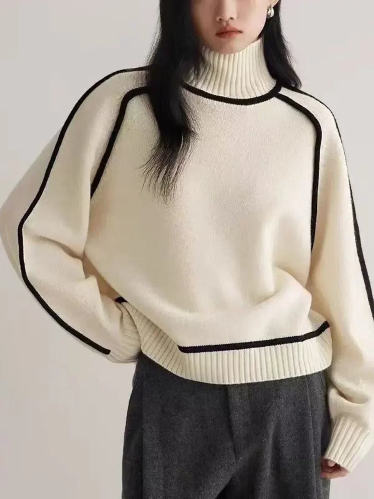 Turtleneck Contrast Piping Long Sleeve Knit Sweater 6