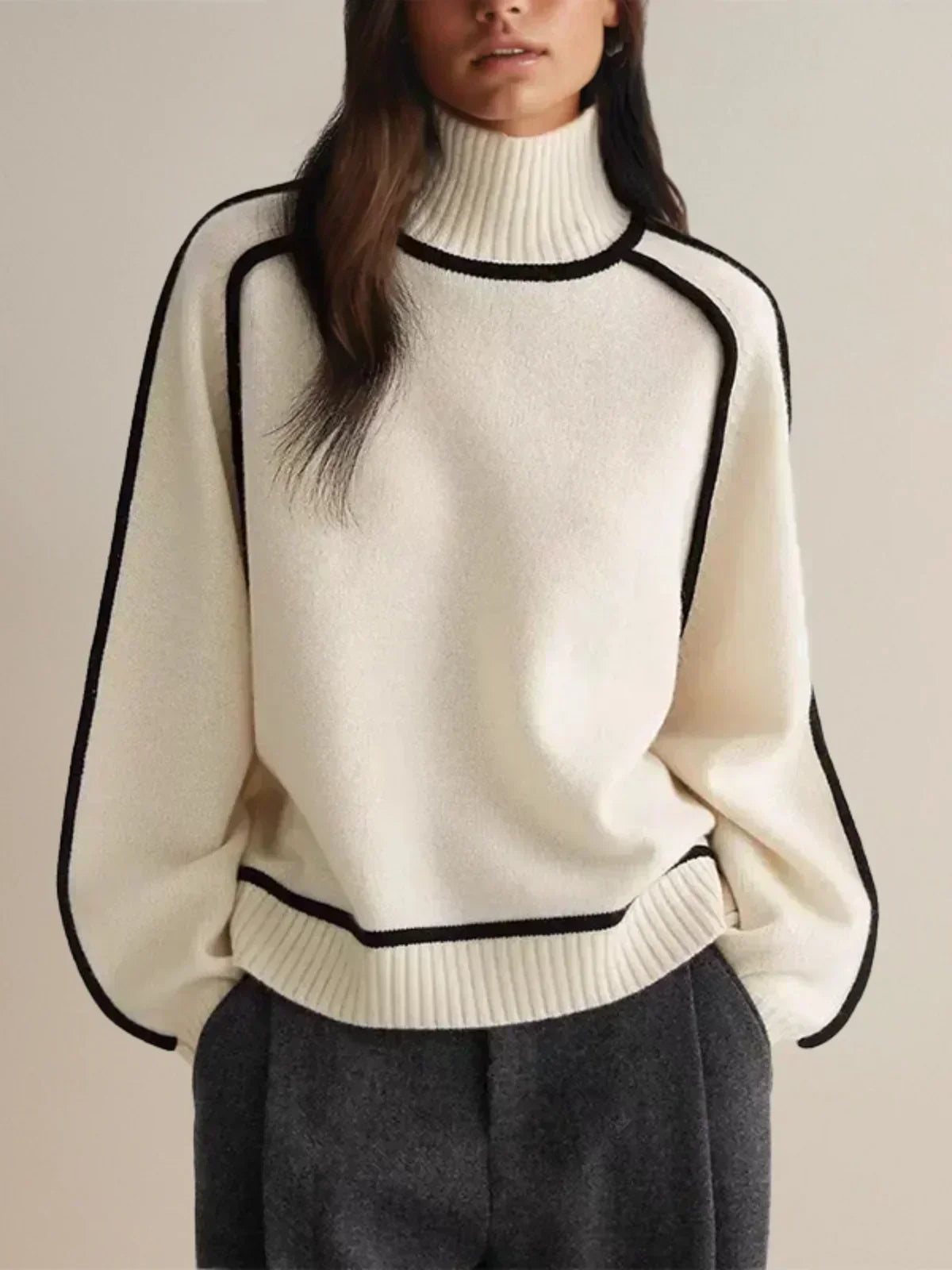 Turtleneck Contrast Piping Long Sleeve Knit Sweater 4