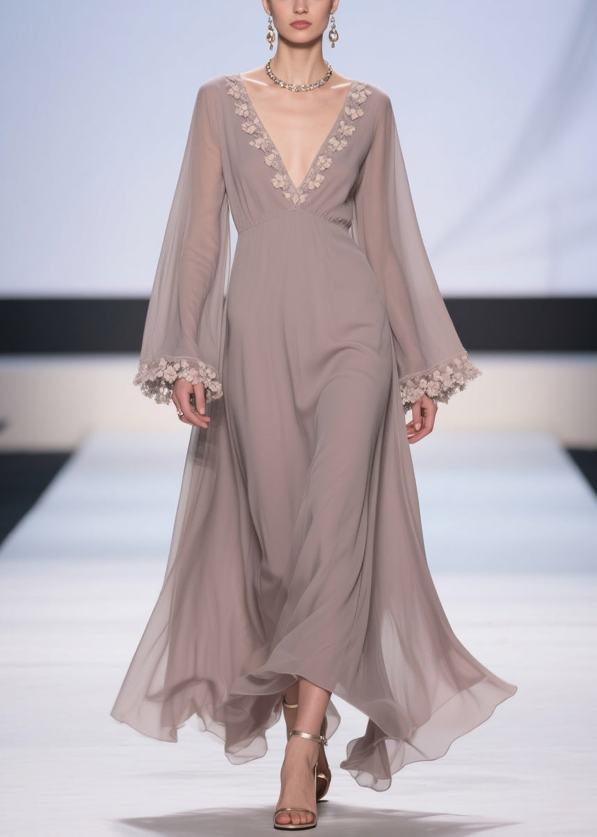 Chiffon Floral Applique Deep V-Neck Bell Sleeve Empire Waist Maxi Gown