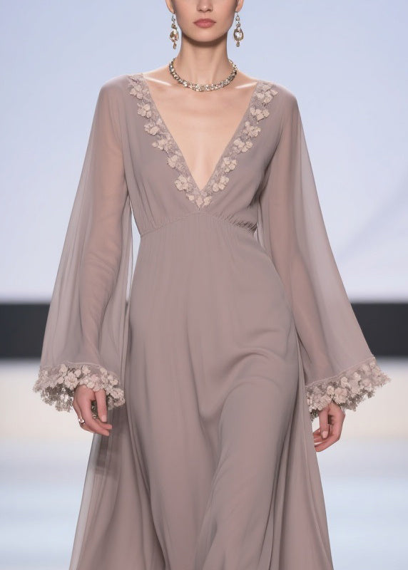Chiffon Floral Applique Deep V-Neck Bell Sleeve Empire Waist Maxi Gown - View 2