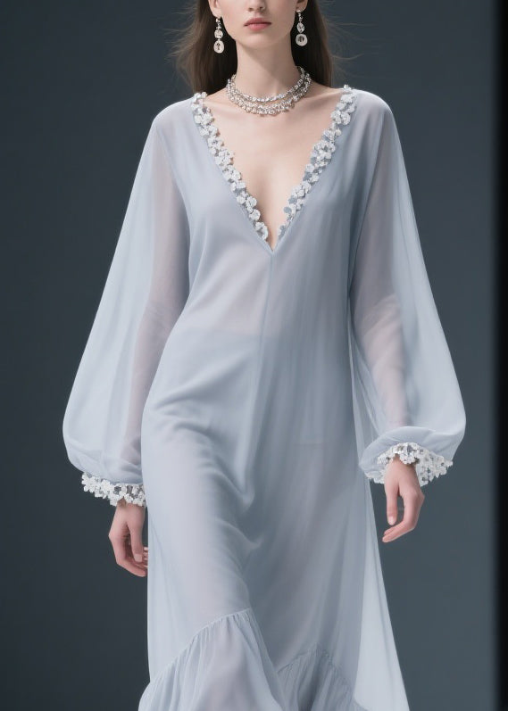 Light Grey Lace Solid Chiffon Maxi Dresses V Neck Spring - View 2