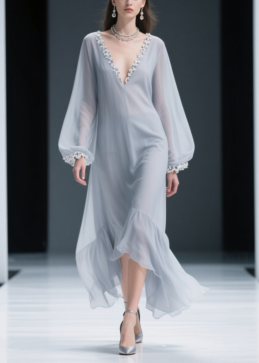 Light Grey Lace Solid Chiffon Maxi Dresses V Neck Spring - View 3