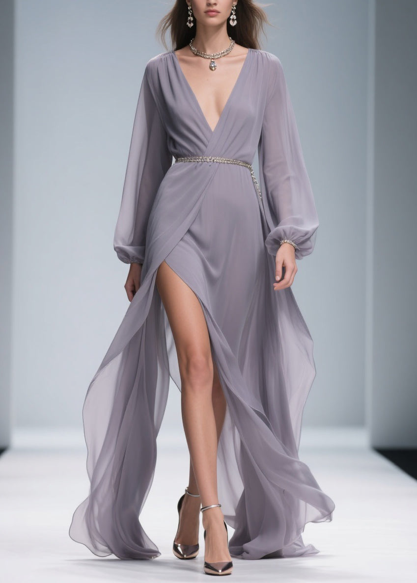 Chiffon Deep V-Neck Bishop Sleeve Metallic Belt Wrap Maxi Gown - View 3
