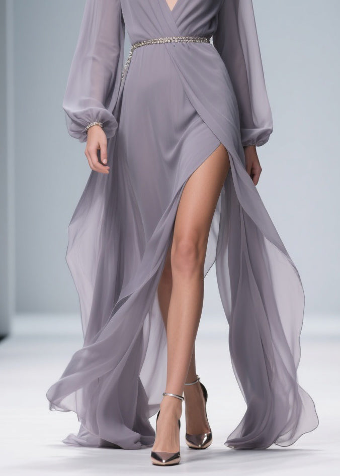 Chiffon Deep V-Neck Bishop Sleeve Metallic Belt Wrap Maxi Gown - View 4