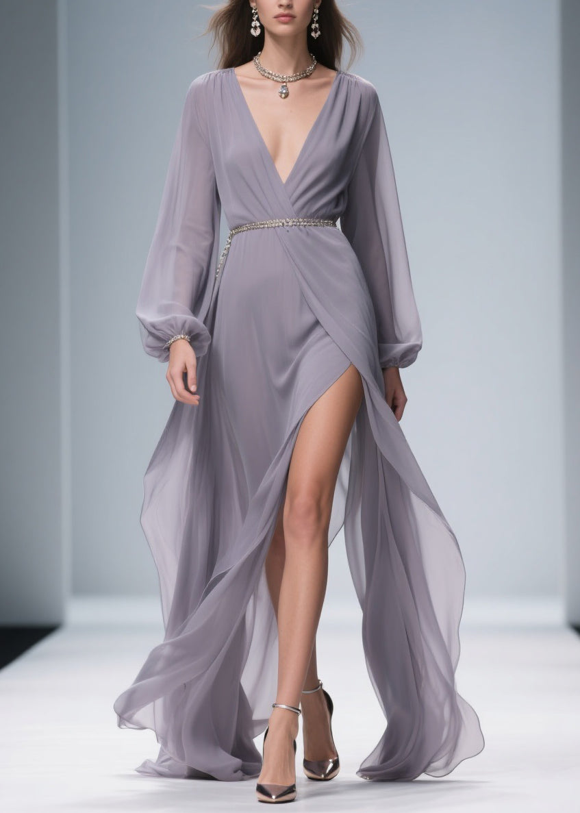 Chiffon Deep V-Neck Bishop Sleeve Metallic Belt Wrap Maxi Gown - View 5