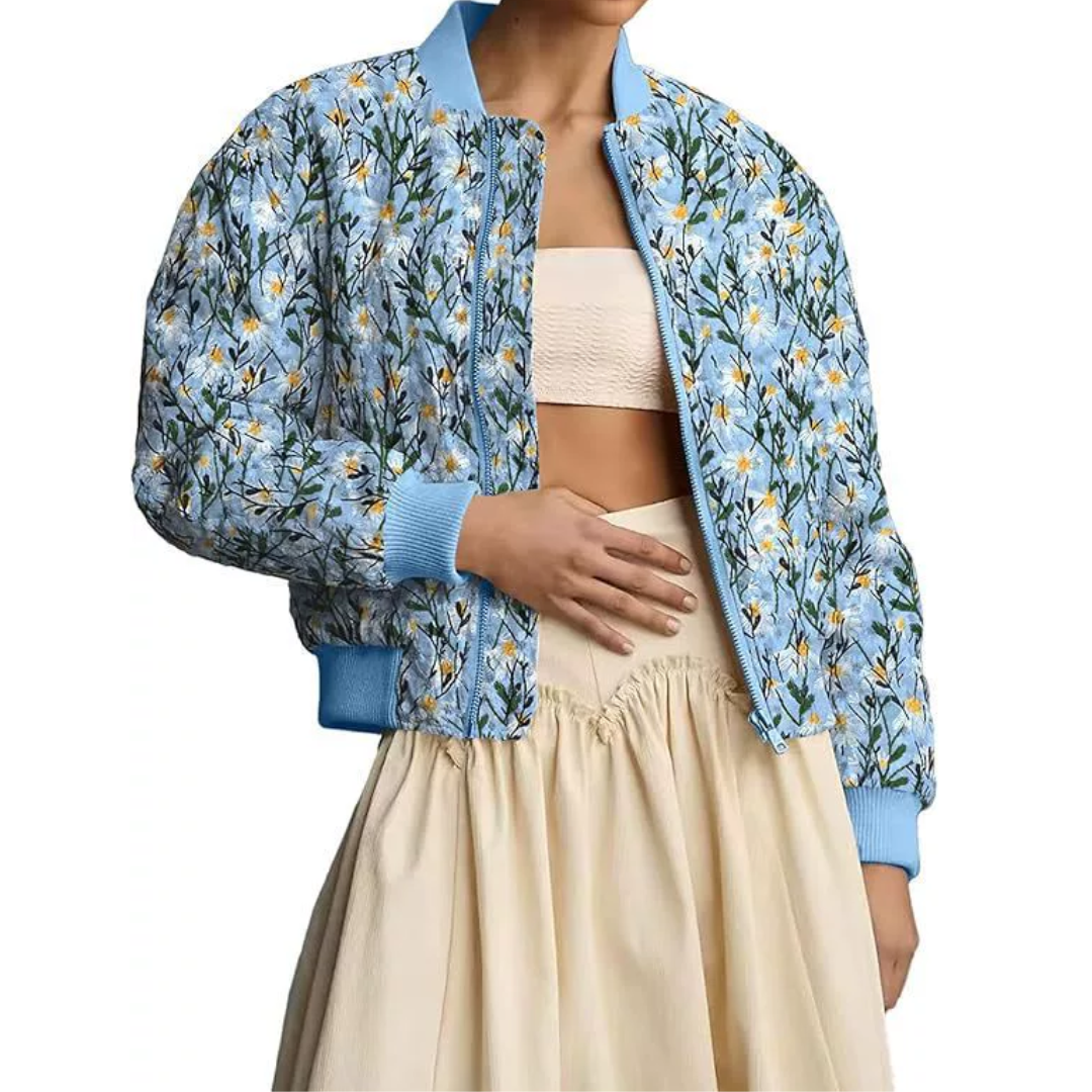 Daisy Floral Quilted Zip Front Cropped Bomber Jacket