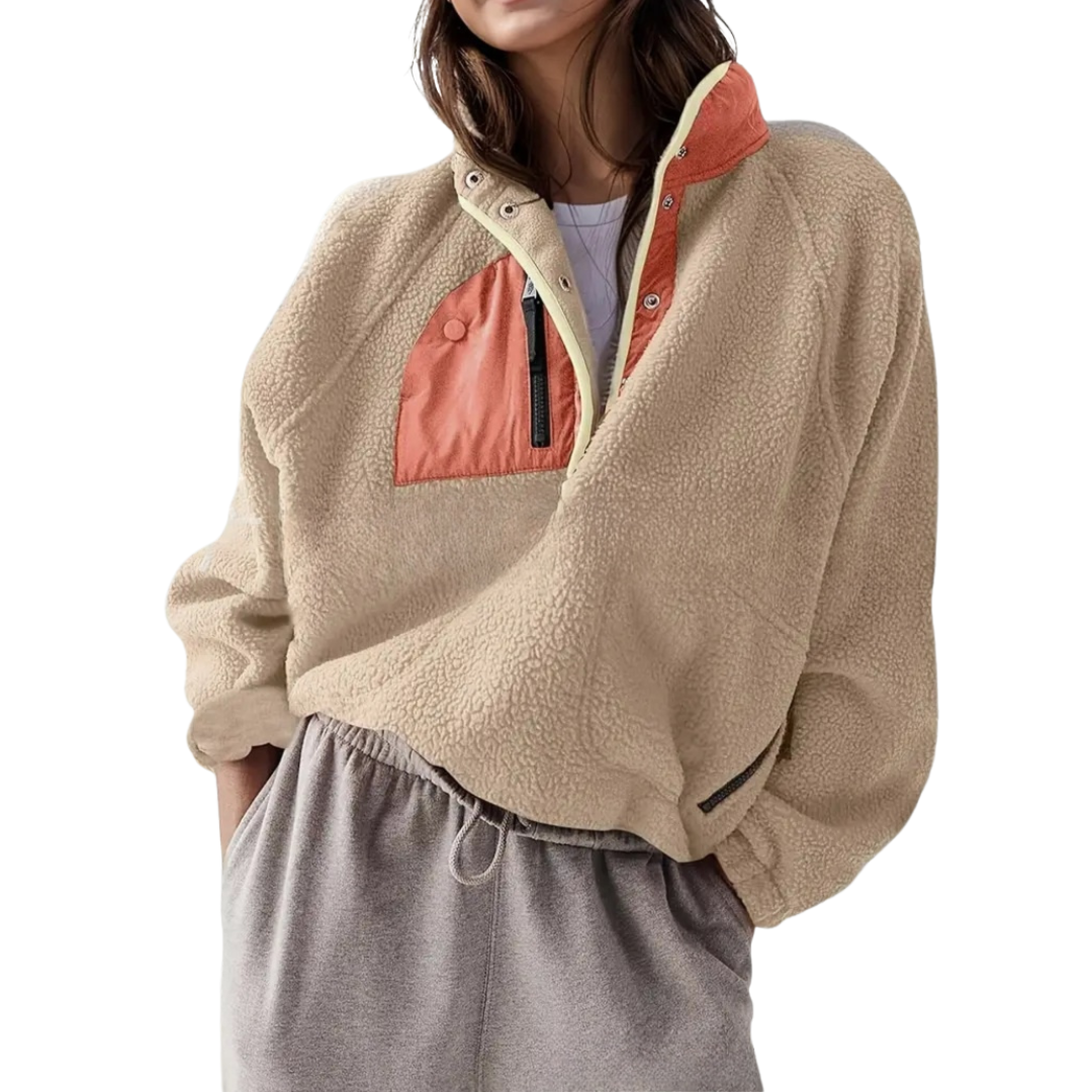 Stand Collar Snap Button Zip Pocket Oversized Sherpa Fleece Pullover 4