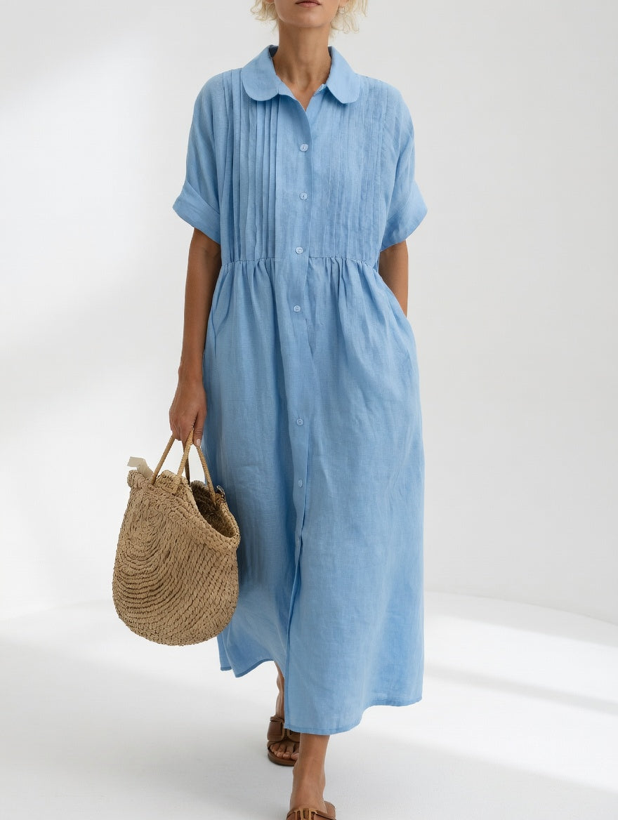 Collared Button Front Pintuck Tiered Maxi Shirt Dress 3