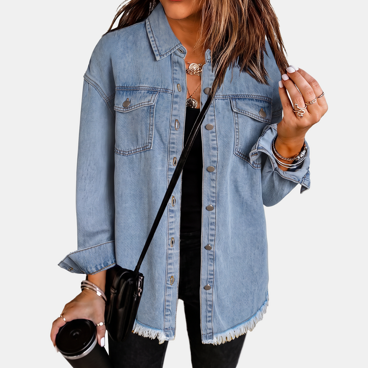Oversized Frayed Hem Button Front Denim Shacket 7