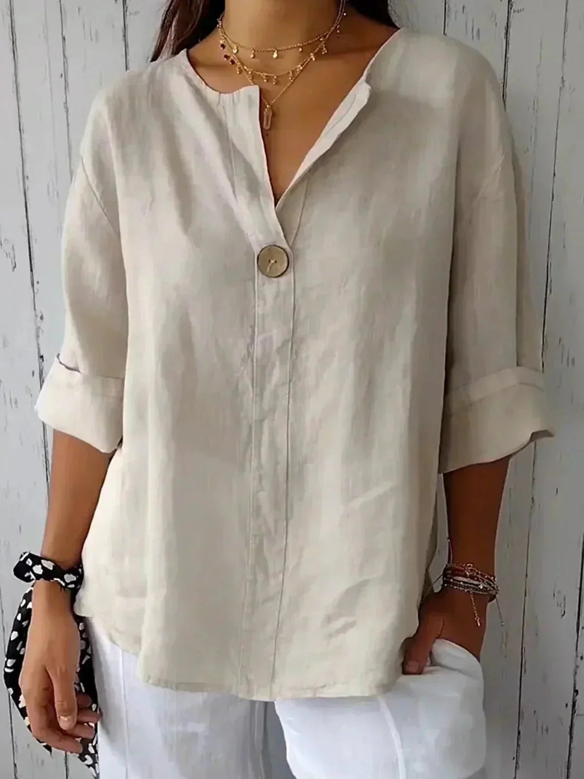 Linen Notch Neck Roll Tab Sleeve Button Top 4