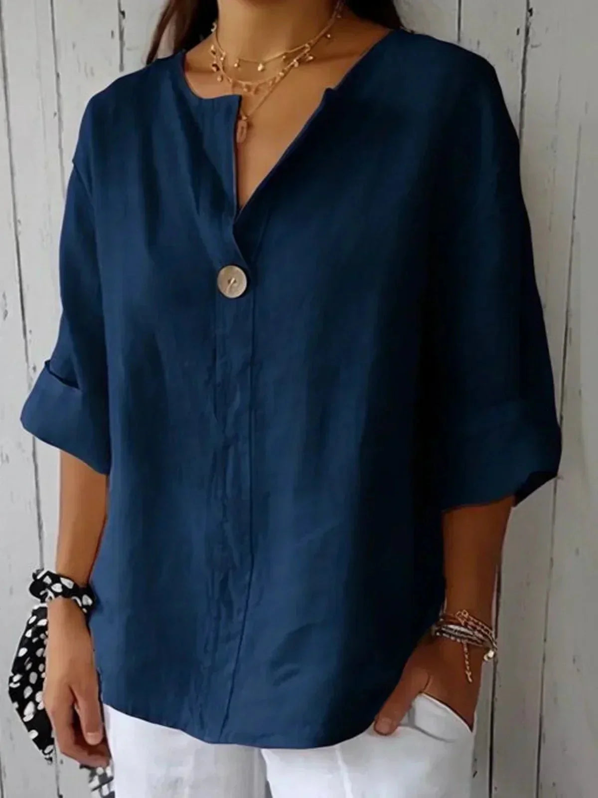 Linen Notch Neck Roll Tab Sleeve Button Top 9