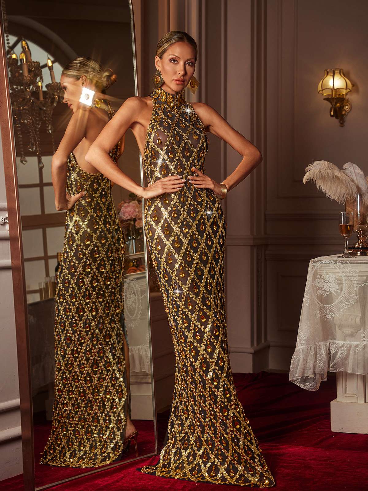 Sequin Crystal Maxi Dress In Gold