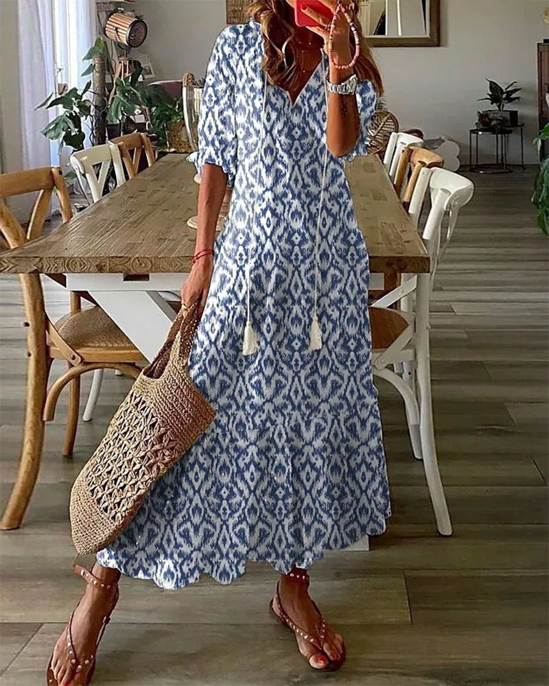 Geometric Print V-Neck Puff Sleeve Tiered Maxi Dress