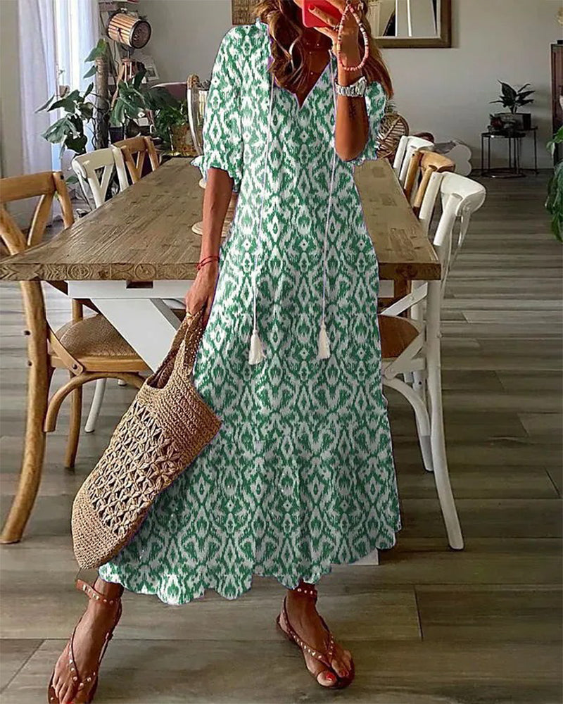 Geometric Print V-Neck Puff Sleeve Tiered Maxi Dress 10