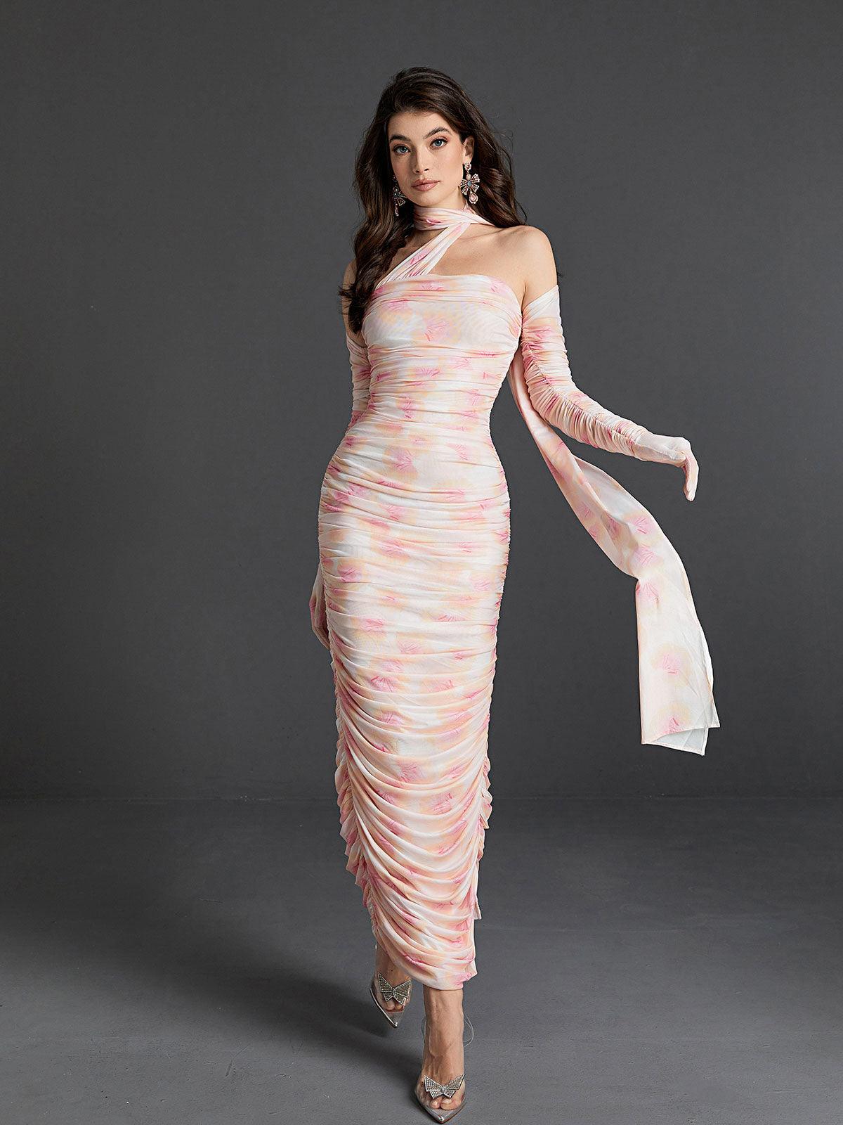 Floral Mesh One Shoulder Ruched Bodycon Maxi Party Dress