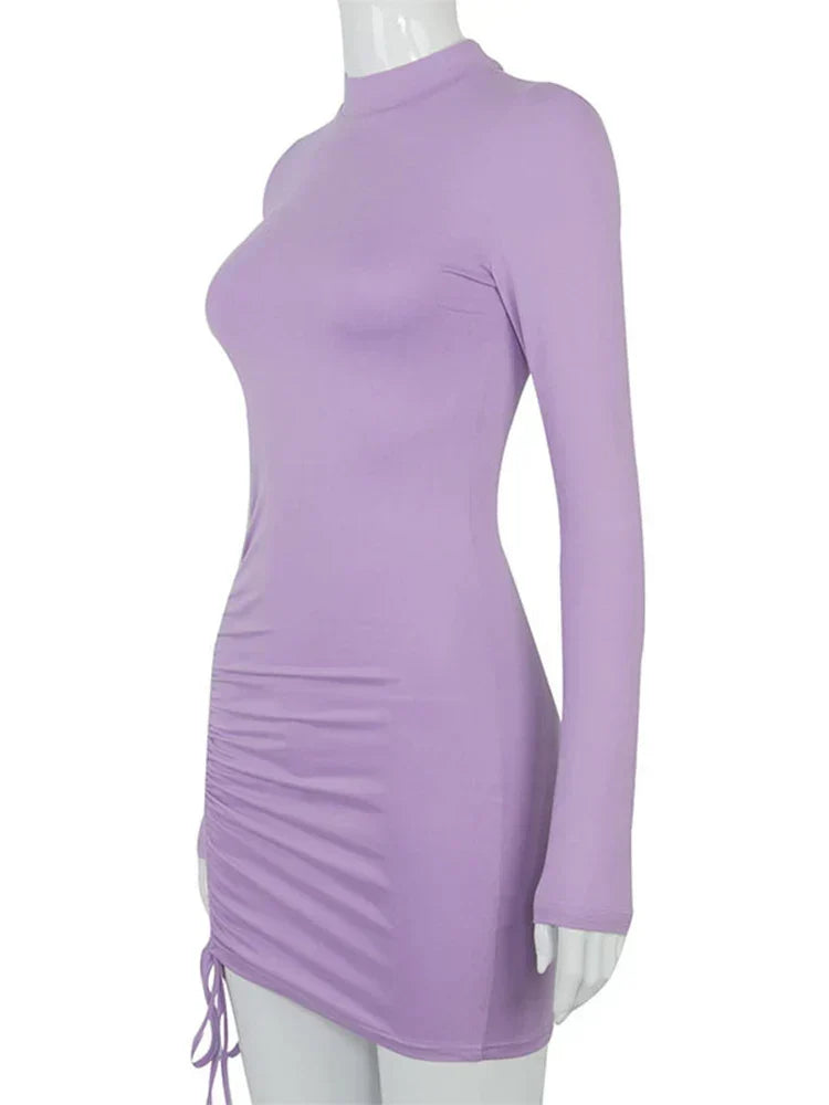 Long Sleeve Ruched Turtleneck Bandage Autumn Black Stretchy Midi Dresses - View 6