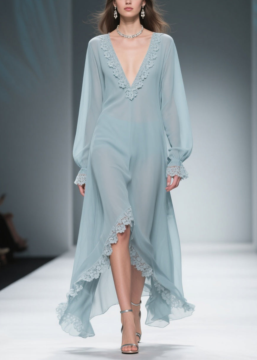 Chiffon Deep V-Neck Bishop Sleeve Lace Trim Sheer High Low Maxi Gown - View 3