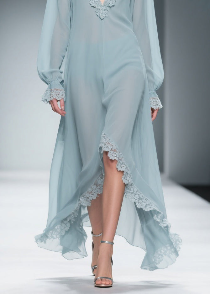 Chiffon Deep V-Neck Bishop Sleeve Lace Trim Sheer High Low Maxi Gown - View 4